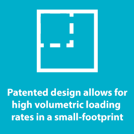 Patented design allows for high volumetric loading rates in a small-footprint